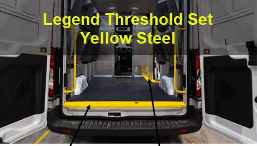 Legend yellow steel sill set installed in a Ford Transit.