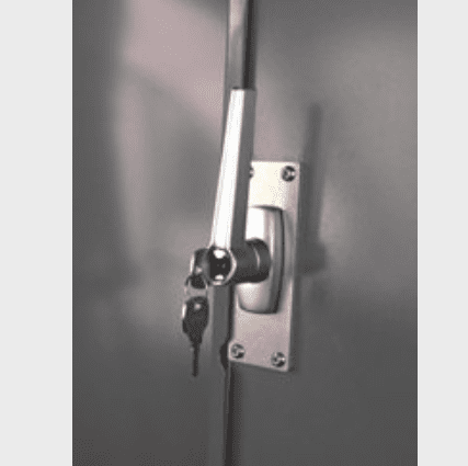 View of installed Adrian Steel handle with key handing from lock.