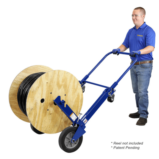 View of upright man with Current Tools brand heavy duty convertible reel cart model 518.