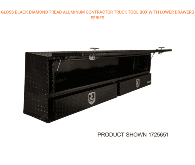 Contractor series toolbox shown in gloss black diamond tread with doors open and drawers closed,