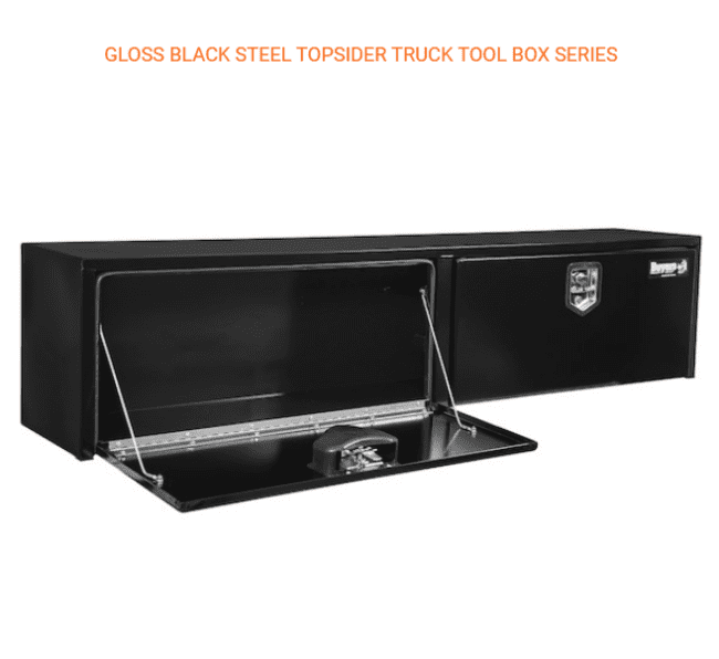 View of Top Sider Gloss Black Powder-Coated Finish Tool Box with one door open.
