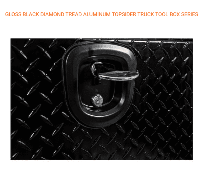 Closeup view of Top Sider Gloss Black Diamond Tread Aluminum Tool Box key and lock.