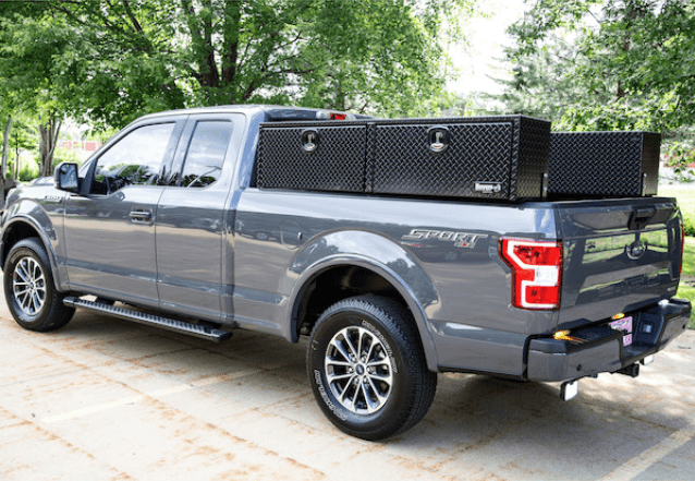 Side view of truck with Top Sider Gloss Black Diamond Tread Tool Box installed,