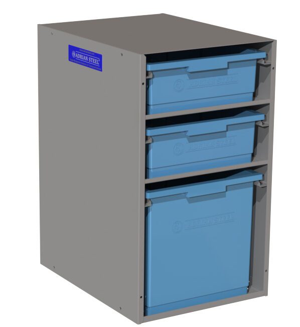 Front view of gray Adrian Steel bin storage with 2 small and 1 large blue bins.