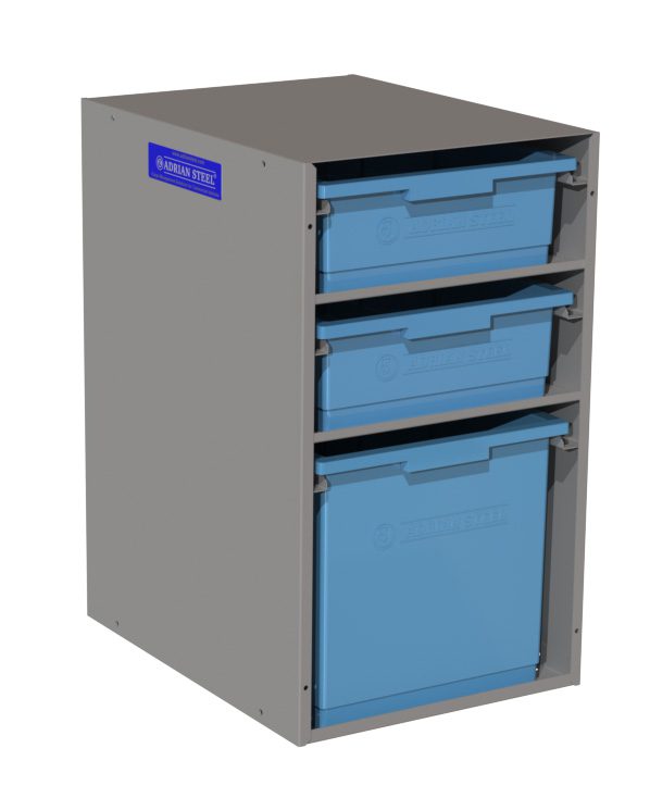 Front view of gray Adrian Steel bin storage with 2 small and 1 large blue bins.
