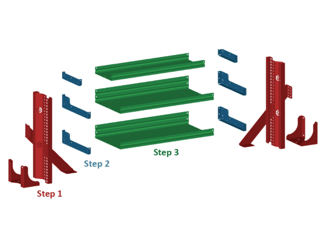 Illustration of truck shelving parts before assembly.